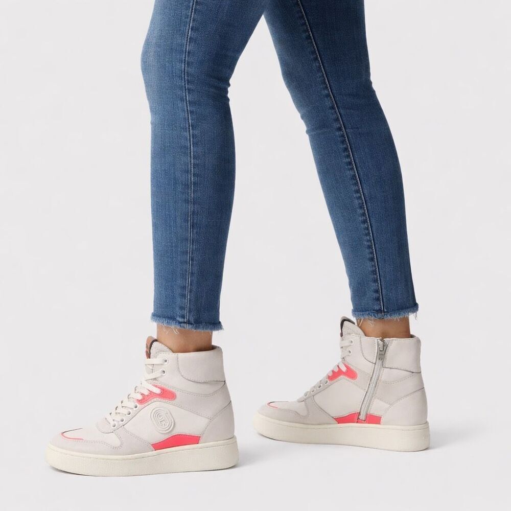 Coach Women's C220 High Top Sneakers in Chalk/Fluo Pink Women's 8B